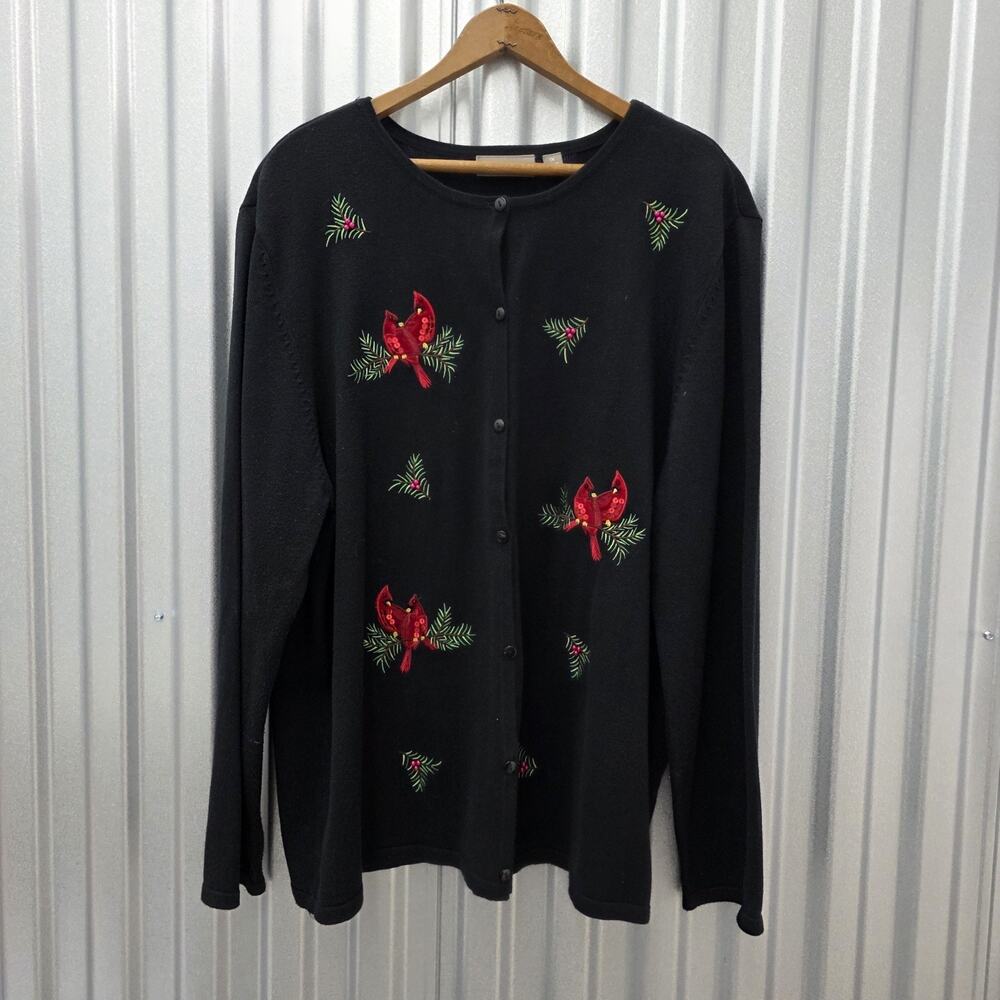 Croft & Barrow Cardinal Sweater Black Button Down Embroidered Red Birds Size L